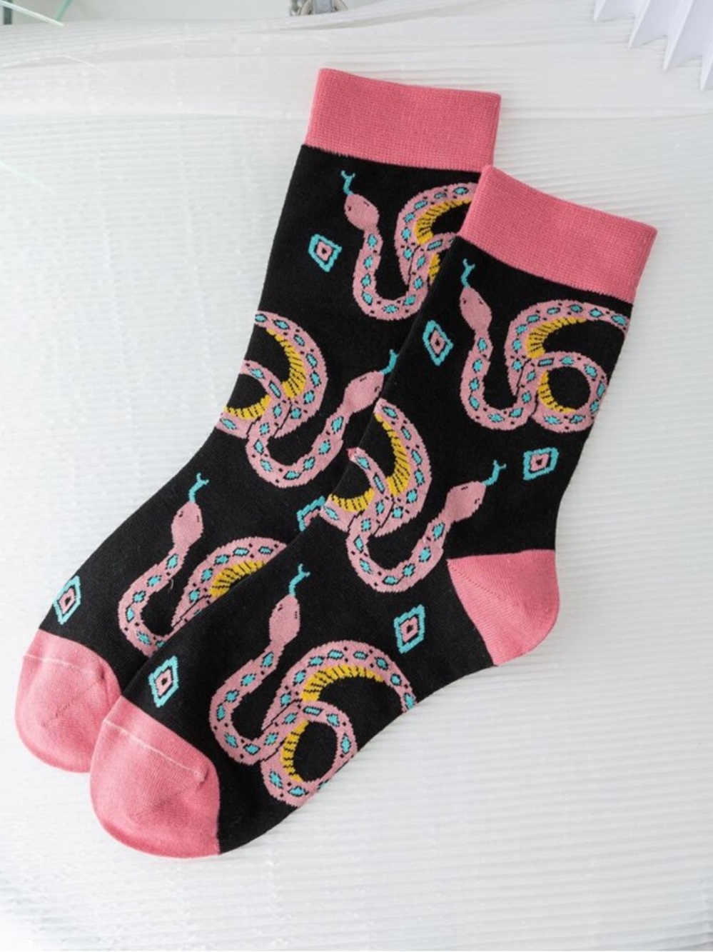 Black Crew Socks with Pink Snake Pattern